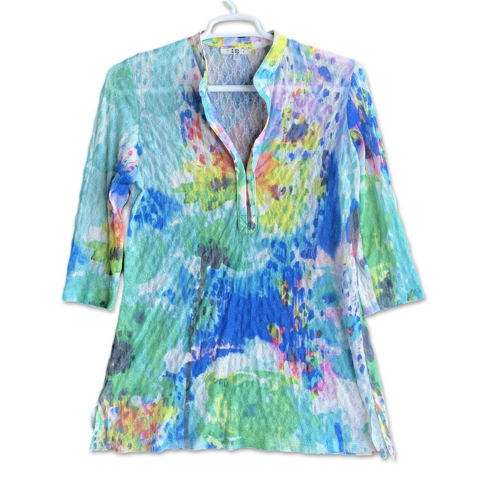 Paris Tunic Women XL Multi Color Abstract Lace Art To Wear 3/4 Sleeve Top